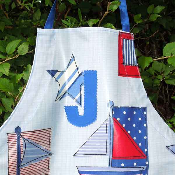 Child's Blue Sail Boat and Truck Oilcloth Monogram, Handmade Wipe Clean Apron, Ages 2 - 6 yrs