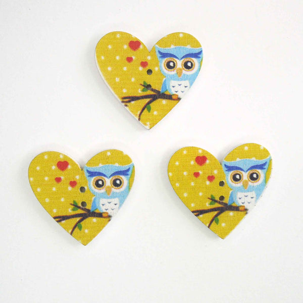 Blue Owl Heart Shaped Wood Buttons, 2 Holes, Pack of 3 Buttons