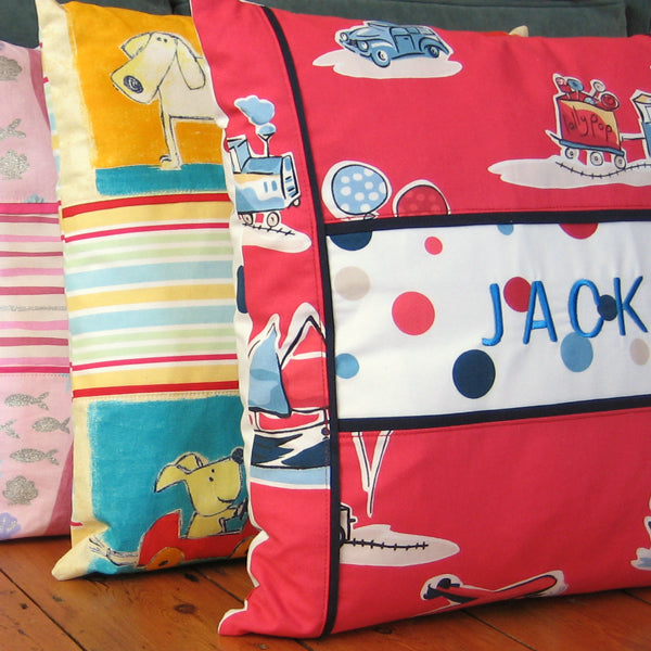 Kid's Red Boys Toys Personalised Cushion, Child's Cushion Handmade in a Retro Toy Cotton, inch 21 inch, x 53 cm