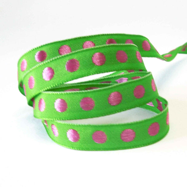 10mm Green and Bright Pink Polka Dot Ribbon on Wooden Bobbin - 2 Metres