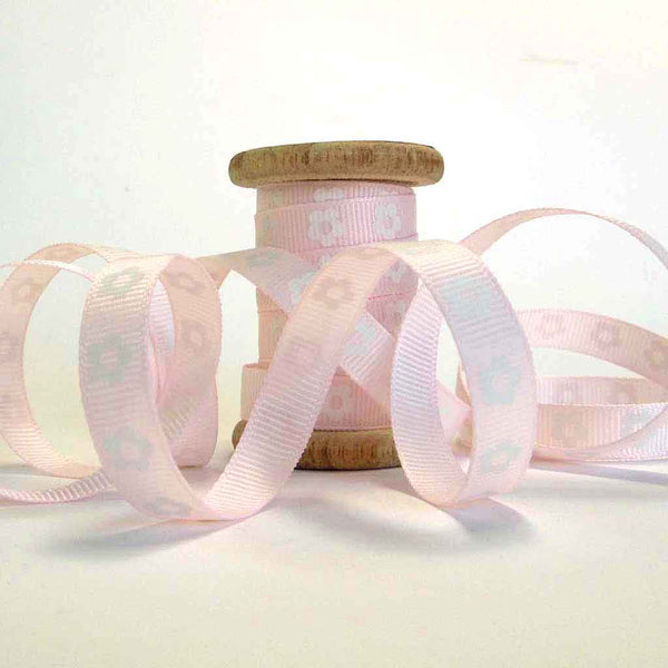 10 mm Pale Pink Flower Ribbon on Wooden Bobbin - 3 metres