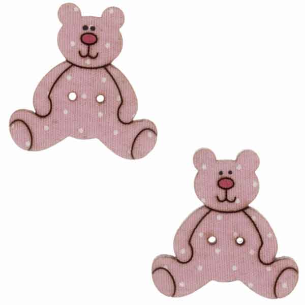 25 mm Pink Baby Girl Wooden Buttons, Pack of 2 Kid's Teddy Bear Craft Buttons