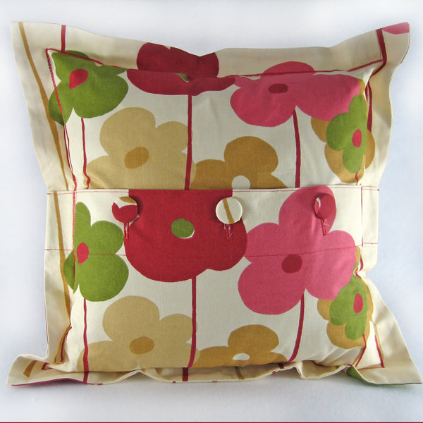 Red Poppy Cushion, Handmade in a Pure Cotton Flower Print with Satin Stitch embroidery, inch 21 inch, x 53 cm