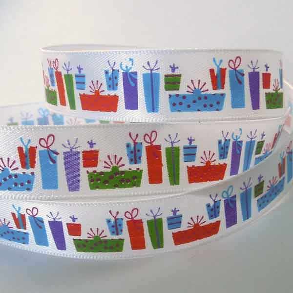 15 mm Birthday Presents White Satin Ribbon