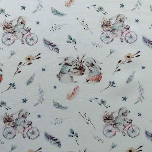 Ivory Rabbits on Bicycles Cotton Fabric by John Louden