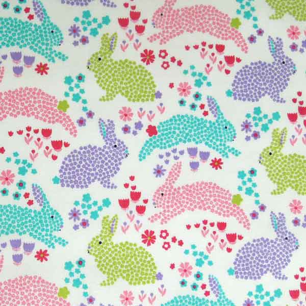 Rabbits and Flowers Cotton Poplin Fabric Pastel - Rose & Hubble