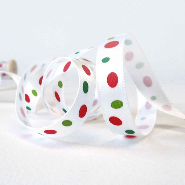 10mm Red and Green Ovals White Satin Ribbon on Wooden Bobbin - 3 Metres