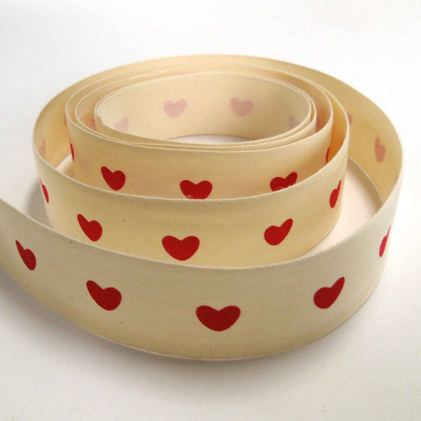 25mm Hearts on Cream Red - Cotton Ribbon