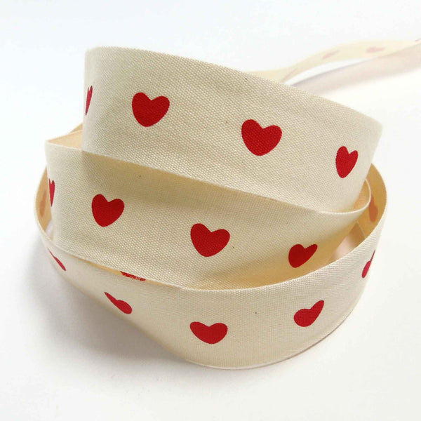 25mm Hearts on Cream Red - Cotton Ribbon