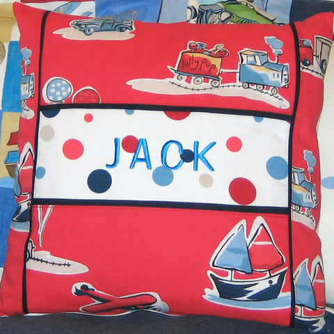 Kid's Red Boys Toys Personalised Cushion, Child's Cushion Handmade in a Retro Toy Cotton, inch 21 inch, x 53 cm