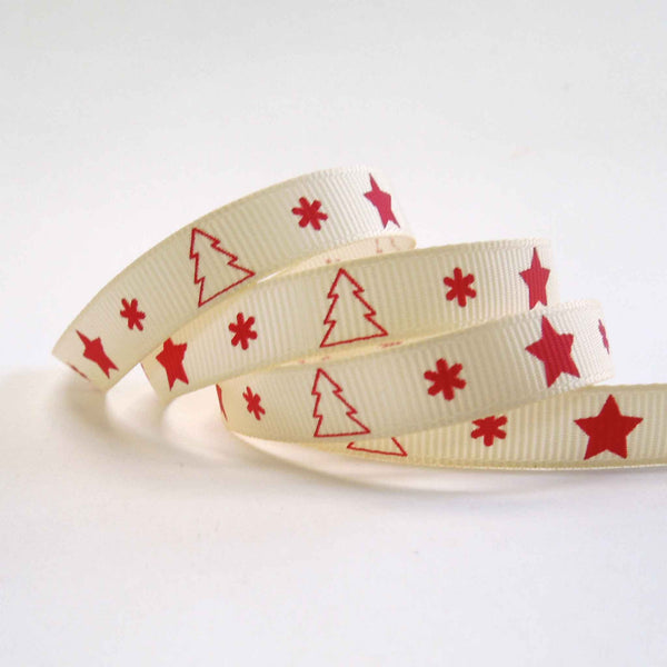 10mm Red Christmas Tree and Stars Grosgrain Craft Ribbon on Wooden Bobbin - 2 Metres