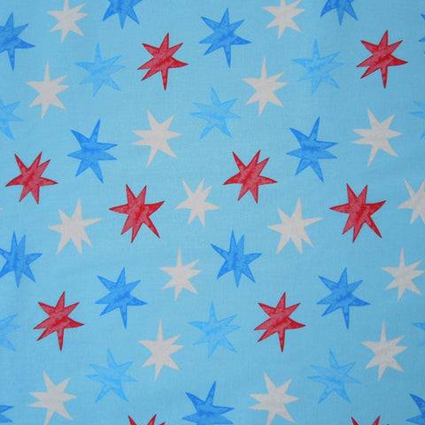 Star Fabric, Red, and White Stars on Blue Pure Cotton Fabric