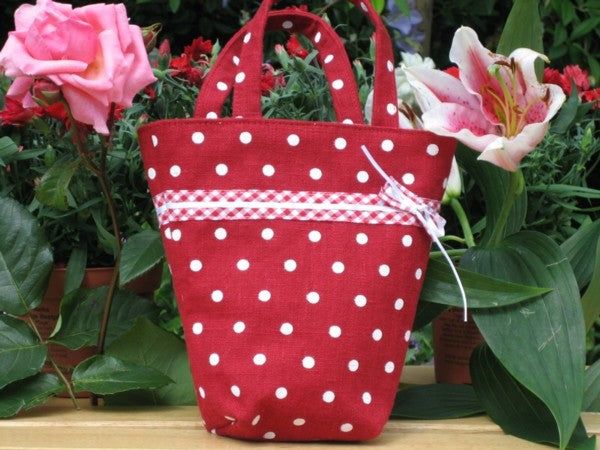 Red Polka Dot Bucket Handbag with Gingham Ribbon Decoration, handmade in pure Linen and fully lined.