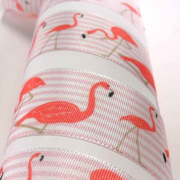 25 mm Ribbon, 1 inch Pink and White Striped Flamingo satin ribbon by Berisfords