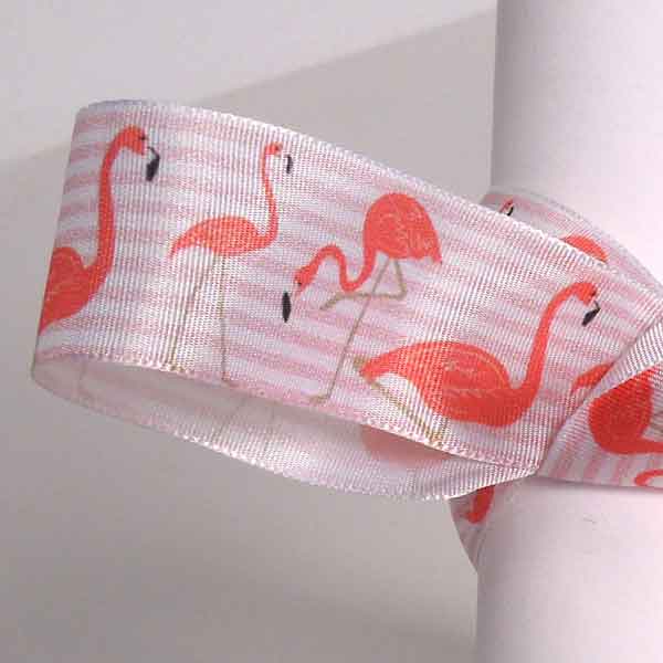 25 mm Ribbon, 1 inch Pink and White Striped Flamingo satin ribbon by Berisfords