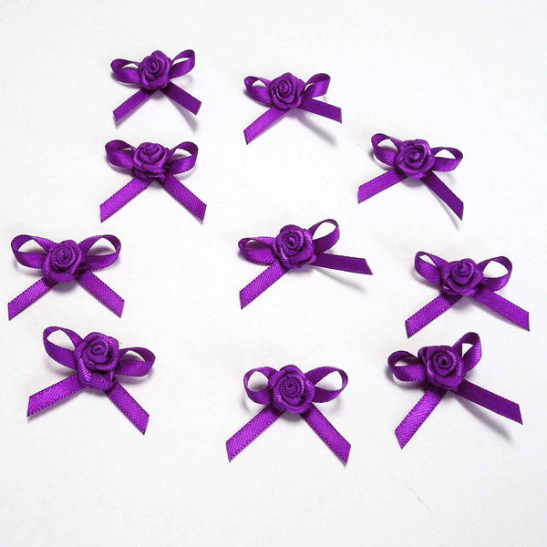 Small Ribbon Bow with Rose - Purple - Pack of 12