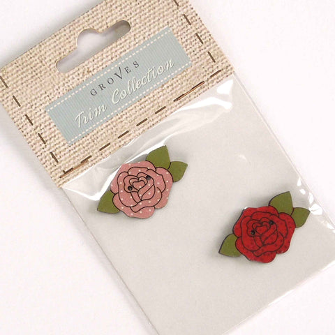 38 mm Large Rose Wooden Flower and Leaf Buttons, Pack of 2 Craft Buttons