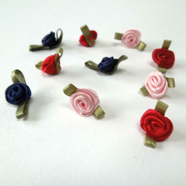 20mm Ribbon Roses Navy Blue with Green Leaves Small - Pack of 10
