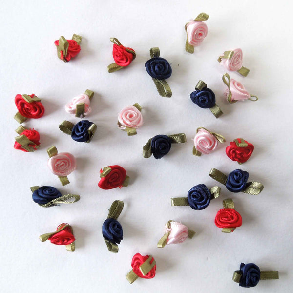 20mm Ribbon Roses Navy Blue with Green Leaves Small - Pack of 10