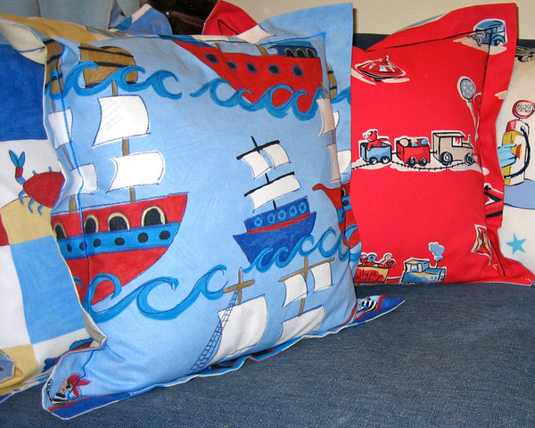 Child's Galleons Cushion Handmade in a Blue Pirate Ship Cotton, inch 21 inch, x 53 cm