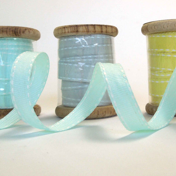 10mm Sea Blue Stitched Ribbon on Wooden Bobbin - 3 metres
