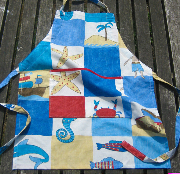 Toddler's Personalised Treasure Island Apron with Pocket, Handmade in Cotton,, Ages 2 - 6 yrs