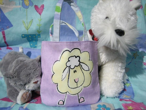 Kid's Cute Sheep Handbag handmade in lilac animal print cotton and fully lined. Mini Tote Bag, Children's Shopping Bag