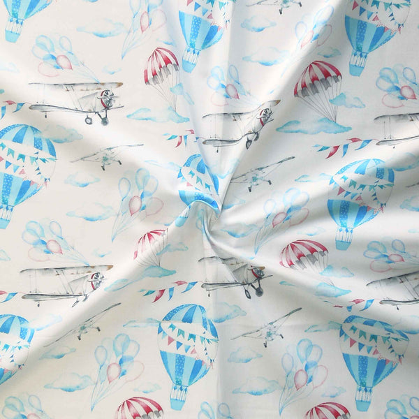 White Hot Air Balloons and Planes Cotton Fabric by John Louden