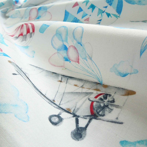 White Hot Air Balloons and Planes Cotton Fabric by John Louden