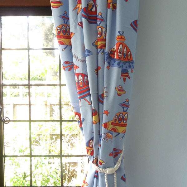 Space Tours Cotton Furnishing by Coloroll, Kid's Blue Spaceship Fabric
