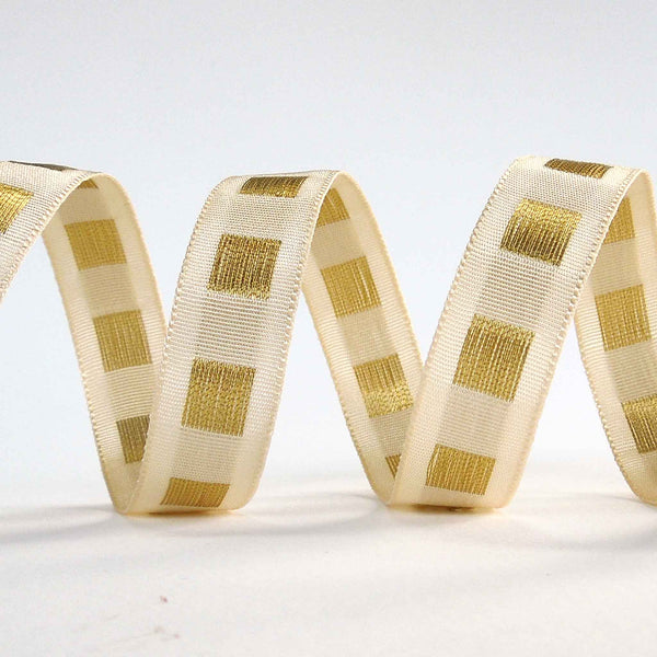 15mm Metallic Block Dot Ribbon Ivory/Gold - Berisfords