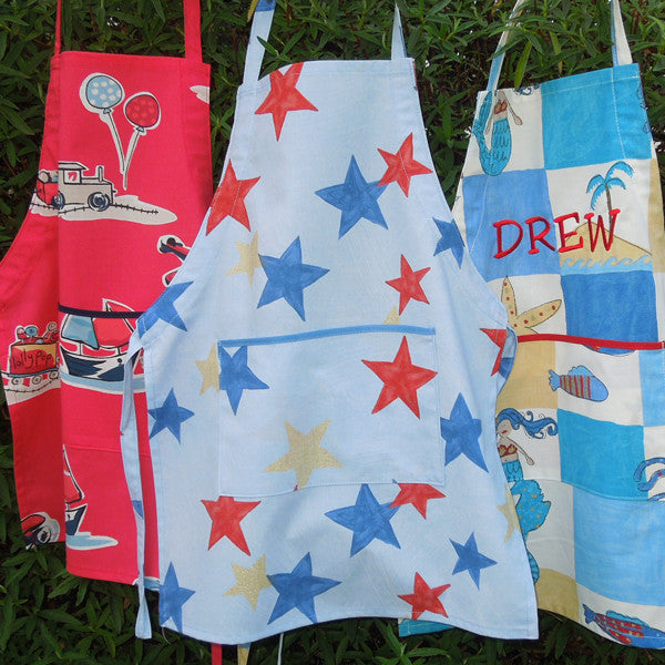 Toddler's Personalised Blue Retro Star Apron with Pocket, Handmade in Cotton, Ages 2 - 6 yrs