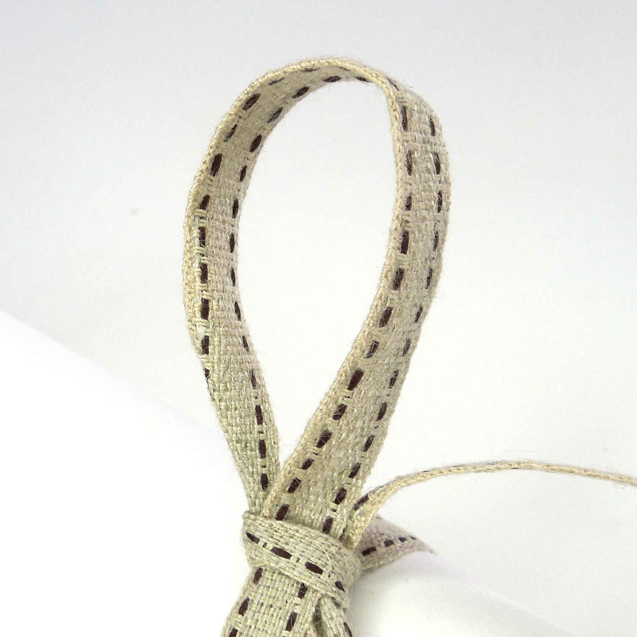 Top Stitched Linen Ribbon Black and Natural La Stephanoise - 10mm