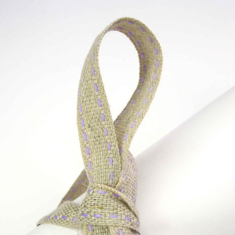 Top Stitched Linen Ribbon Lilac and Natural La Stephanoise - 10mm