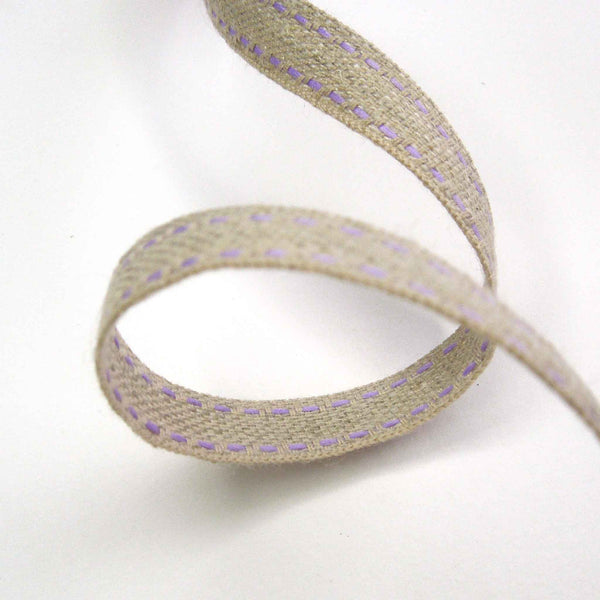 Top Stitched Linen Ribbon Lilac and Natural La Stephanoise - 10mm