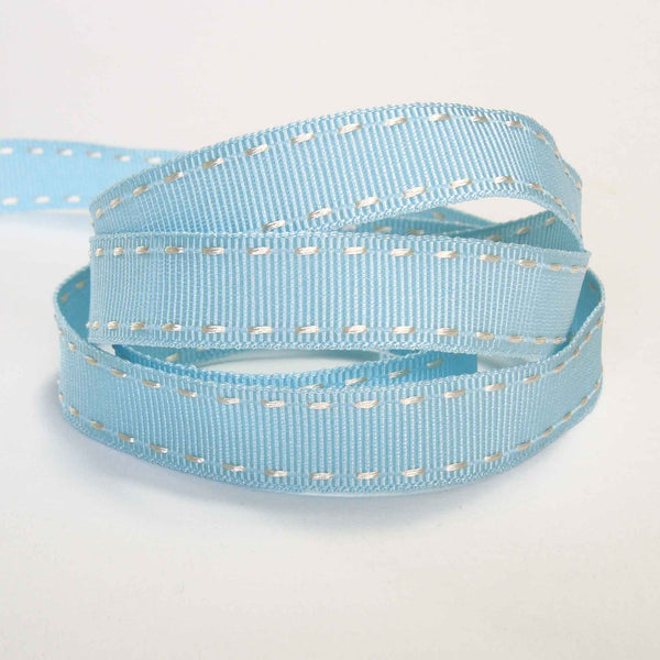 15mm Stitched Grosgrain Ribbon - Sky Blue and White - Berisfords - 4 Metre Reel
