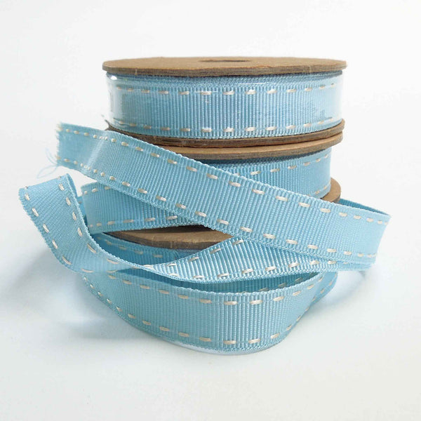 15mm Stitched Grosgrain Ribbon - Sky Blue and White - Berisfords - 4 Metre Reel