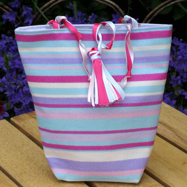 Ribbons Stripes Bucket Handbag with Tassel Loop Closure Knotted Ribbon Handles, handmade in pure cotton and fully lined.