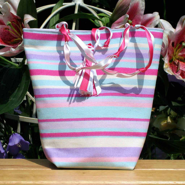 Ribbons Stripes Bucket Handbag with Tassel Loop Closure Knotted Ribbon Handles, handmade in pure cotton and fully lined.