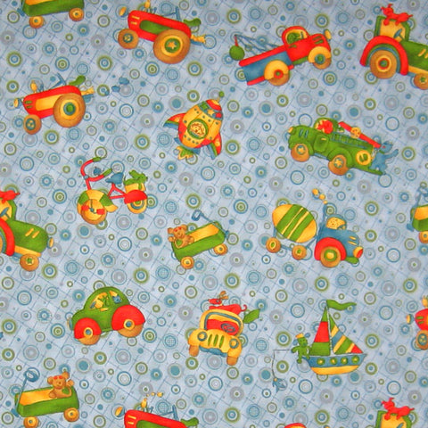 Retro Baby Car, Truck and Boat Blue Cotton Fabric - Where The Boys Are