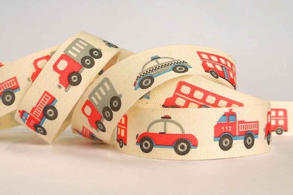 15mm Police Car, Fire Engine and Bus Cotton Ribbon