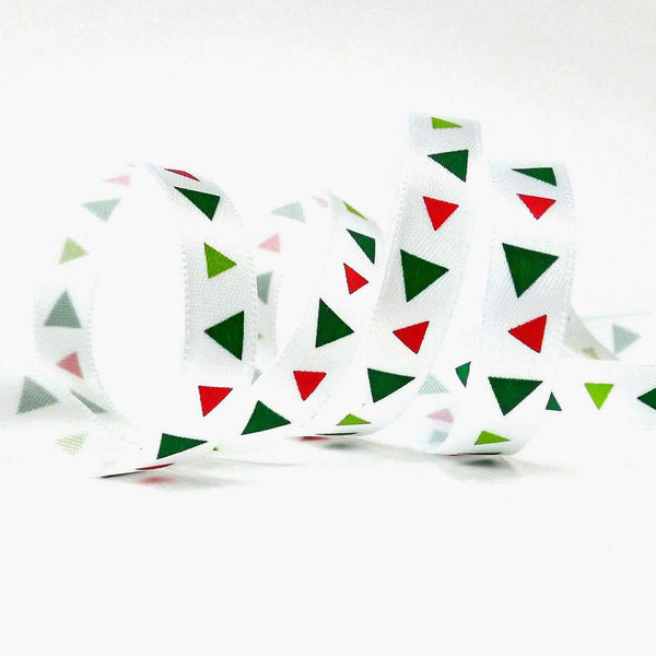 10mm Red and Green Triangle White Satin Ribbon on Wooden Bobbin - 3 Metres