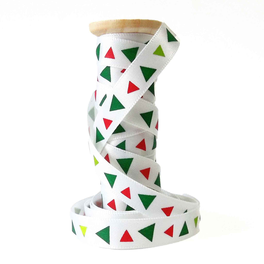 Traingular Ribbons 10mm Red and Green Triangle White Satin Ribbon on Wooden Bobbin - 3 Me ...