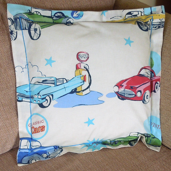 Boy's Classic Cars Cushion Handmade in a White Retro Car Cotton, inch 21 inch, x 53 cm