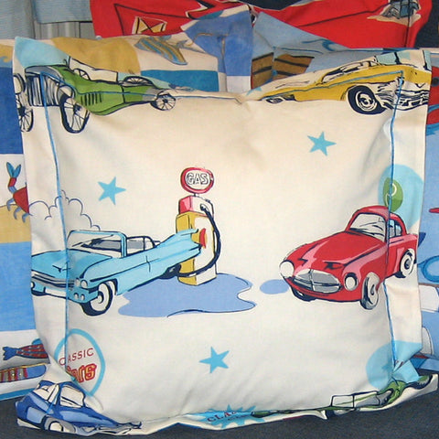 Boy's Classic Cars Cushion Handmade in a White Retro Car Cotton, inch 21 inch, x 53 cm
