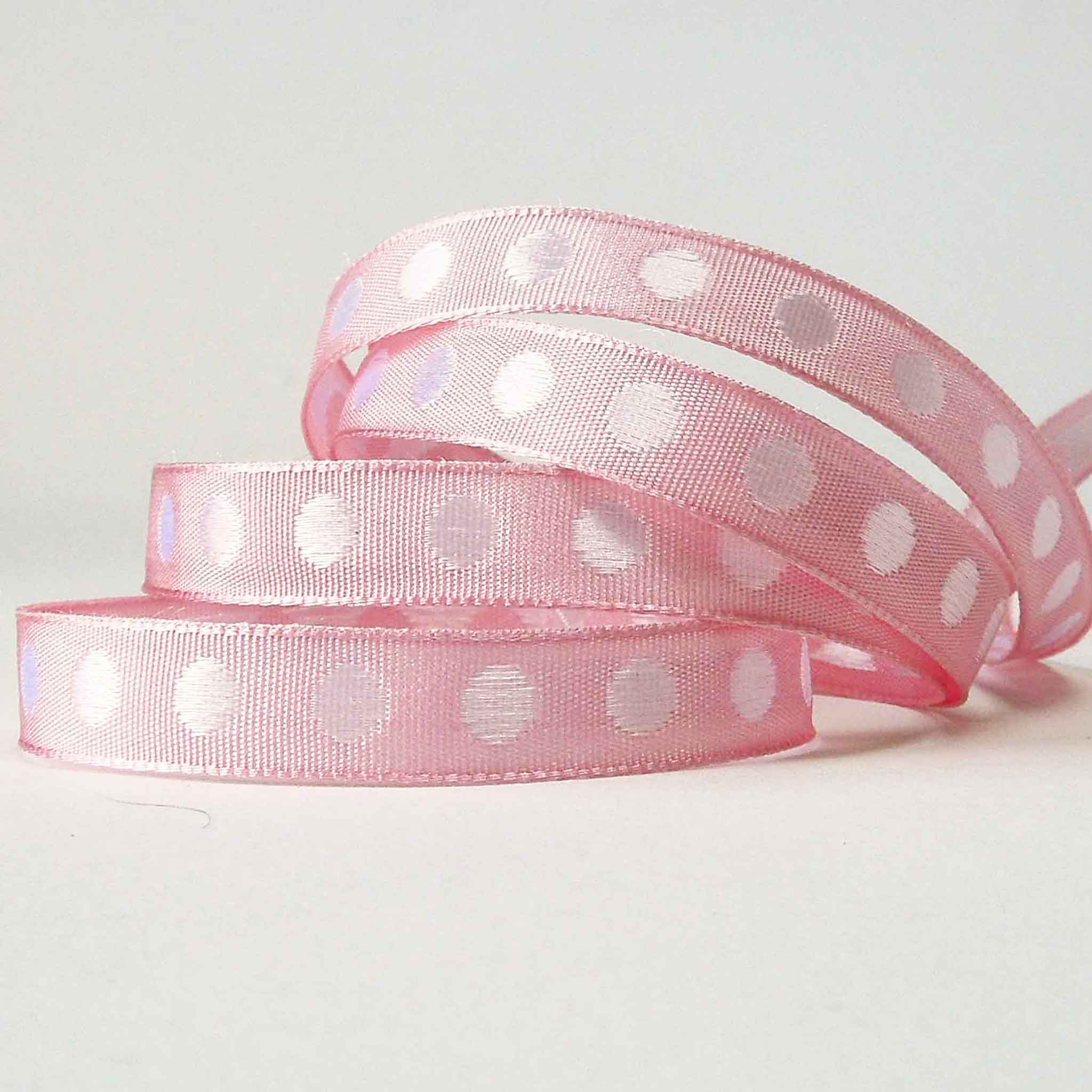 10mm Pale Pink and Silver Pink Polka Dot Ribbon on Wooden Bobbin - 2 Metres