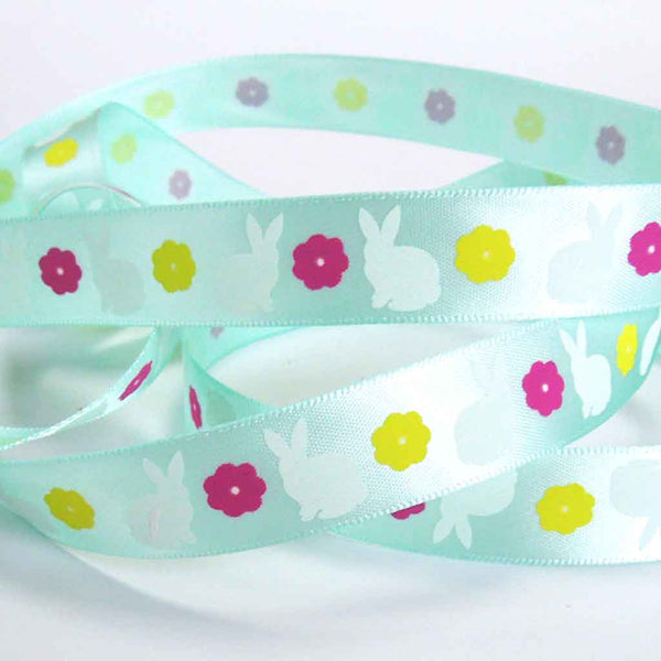 15mm Easter Bunnies and Flowers on Blue Satin Ribbon - 3 metres