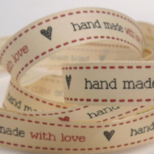 15 mm Red hand made with love Cream Ribbon by Berisfords