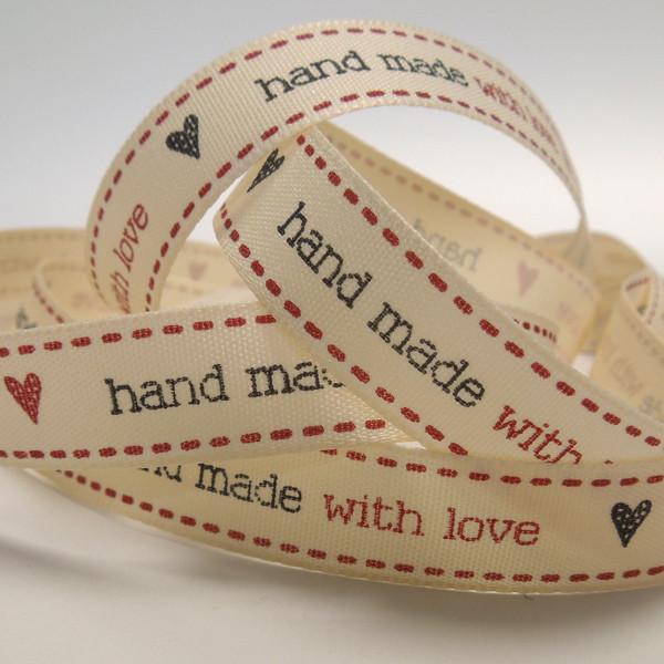 15 mm Red hand made with love Cream Ribbon by Berisfords