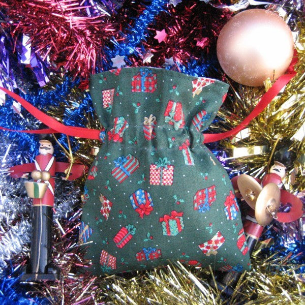 Christmas Small Drawstring Bags, Handmade Xmas Cotton Lined Gift Bags